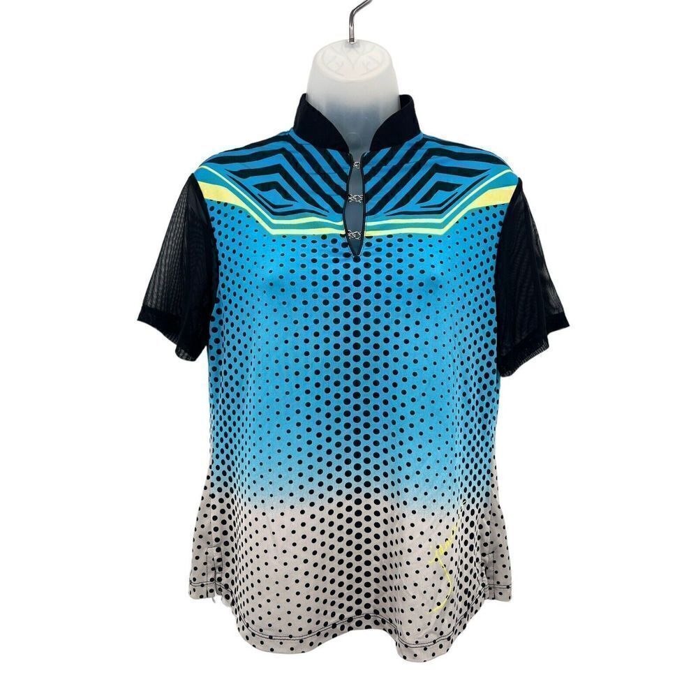 Jamie Sadock Short Sleeve Top Golf Shirt Women's Small Blue Polkadot Mesh Sleeve